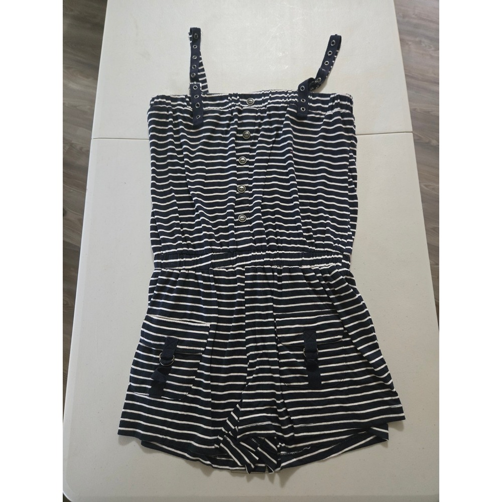 Mine Navy White Striped Romper Women Large Nautical Button Front Buckle Straps